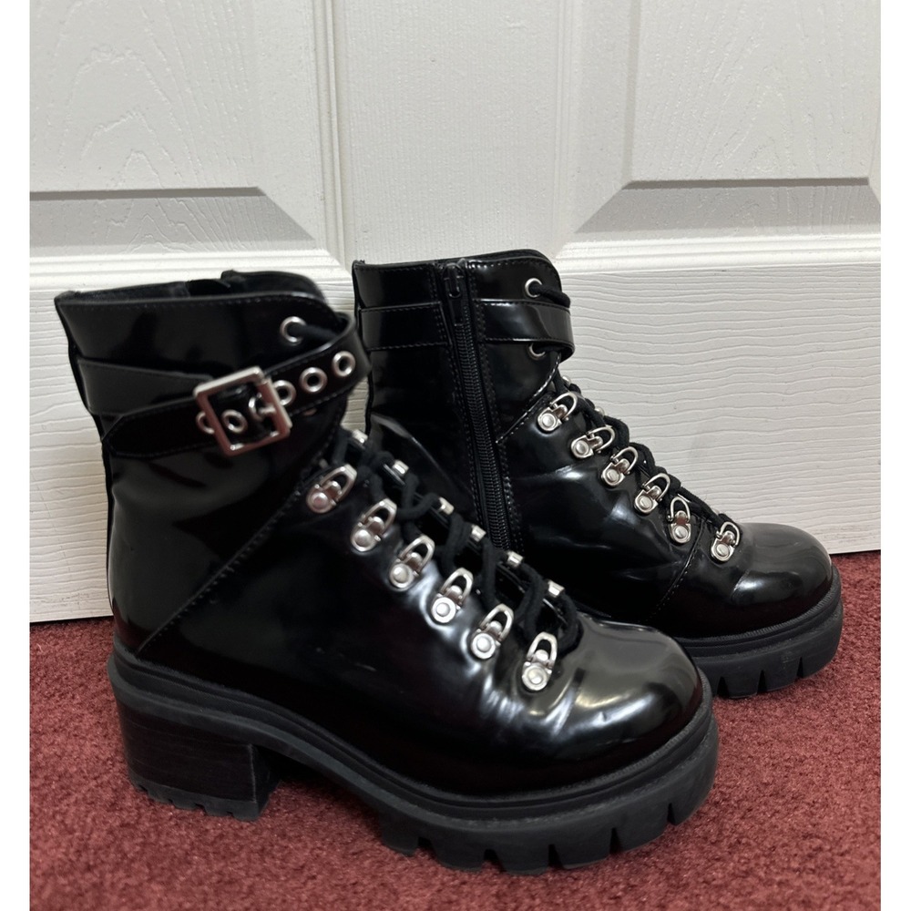 Jeffrey Campbell Czech Combat Boots Patent Leather Moto Platform‎ Chunky Sz 6.5